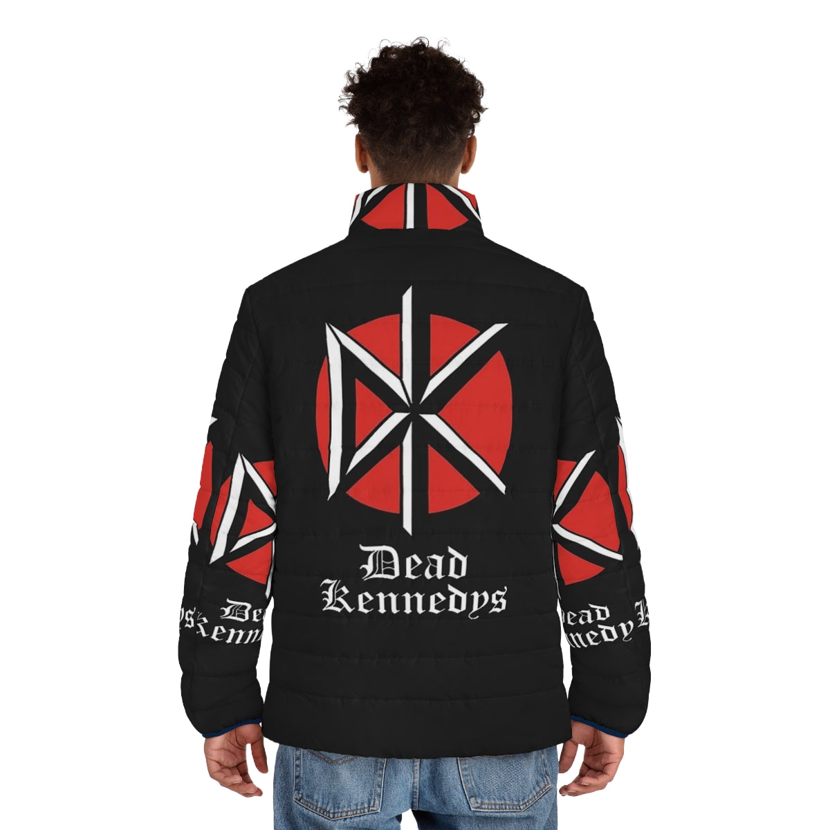 Dead Kennedys Puffer Jacket featuring the band's iconic logo and "Holiday in Cambodia" design - men back