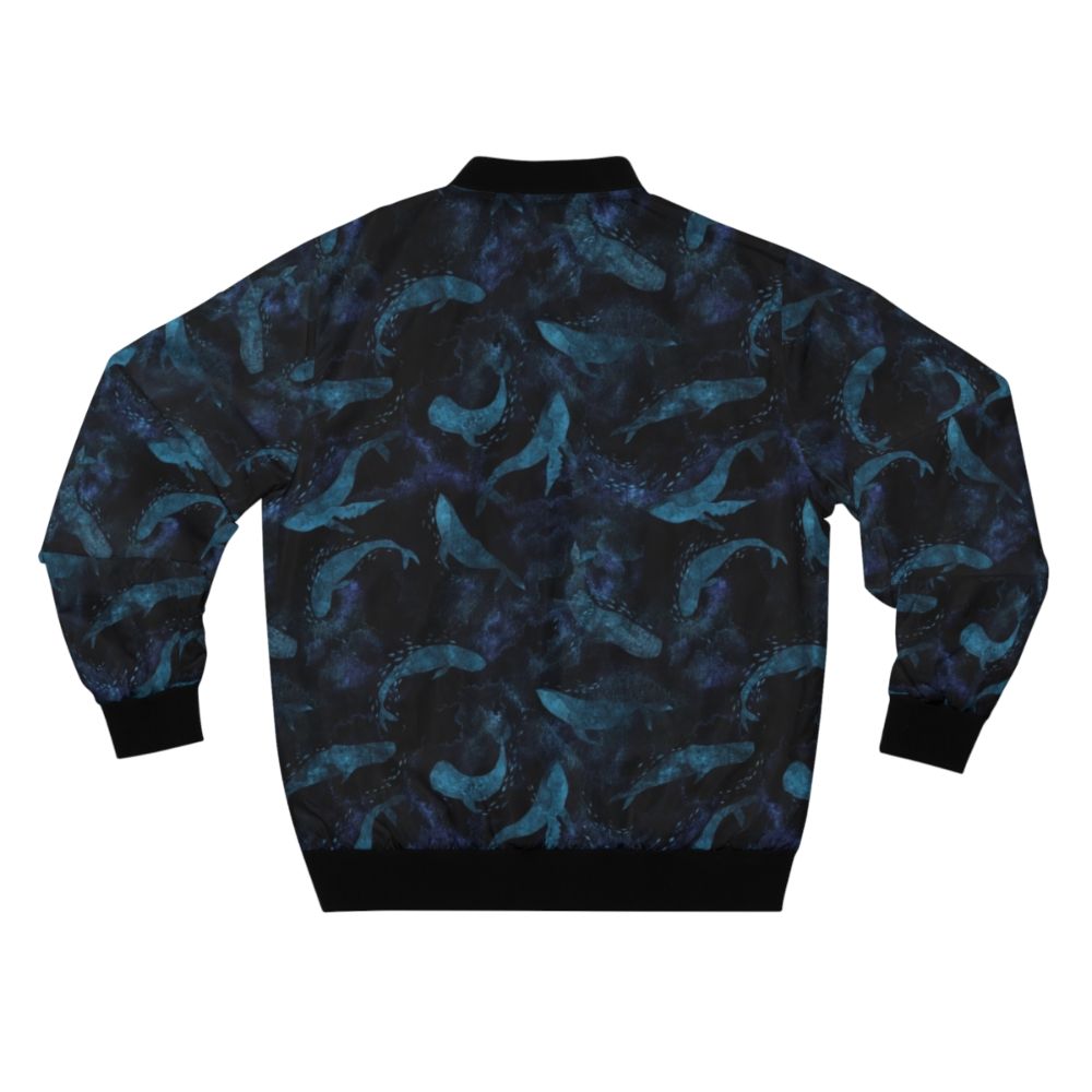 Indigo blue bomber jacket with a whale design, showcasing the graceful movements of whales in the deep blue ocean. - Back