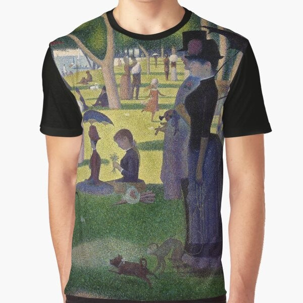 "Graphic T-Shirt featuring the iconic painting Sunday Afternoon on La Grande Jatte by George Seurat, the pioneering Pointillist artist."