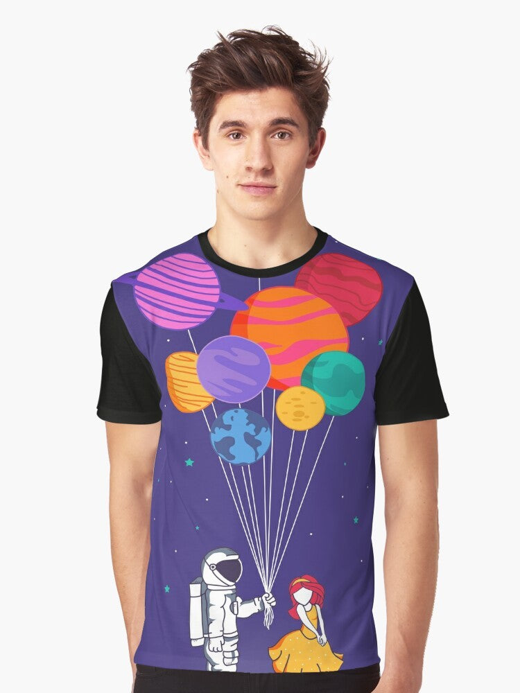 Graphic t-shirt featuring a couple in space with planets, stars, and a galaxy in the background - Men