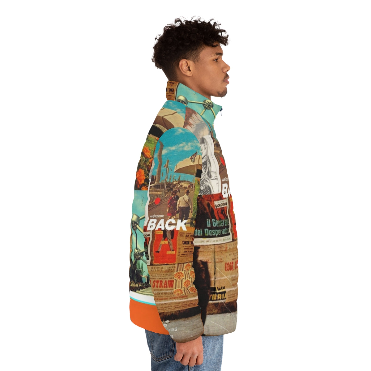 Retro welcome back puffer jacket with collage design and typography - men side right