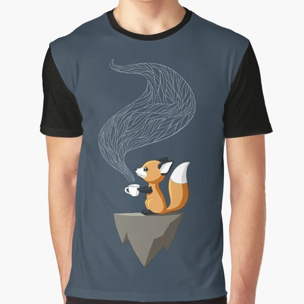 Cute smiling fox illustration sitting with a cup of tea, autumn-themed fantasy graphic t-shirt design.