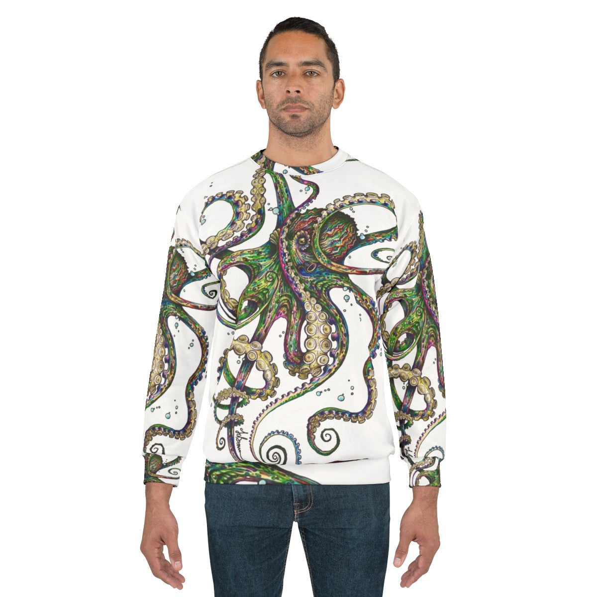 Psychedelic neon octopus design on a sweatshirt - men