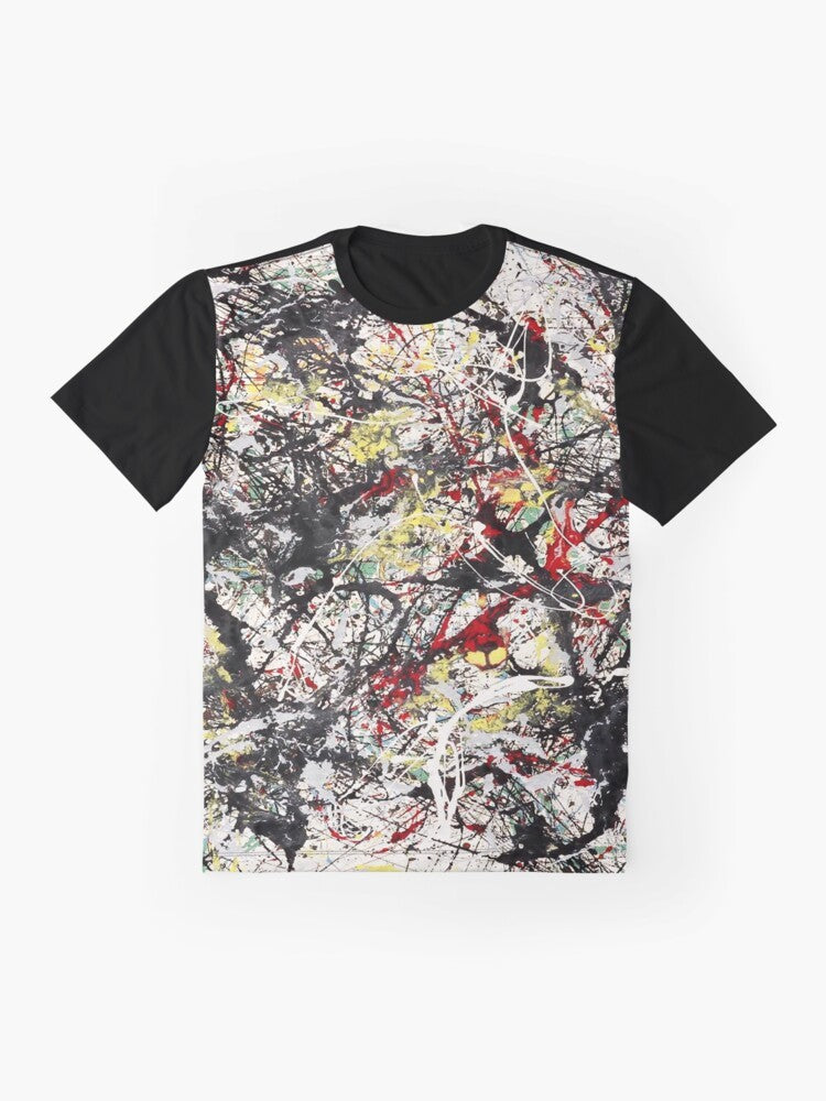 Vibrant abstract art t-shirt featuring the iconic paintings of Jackson Pollock, the renowned abstract expressionist artist. - Flat lay