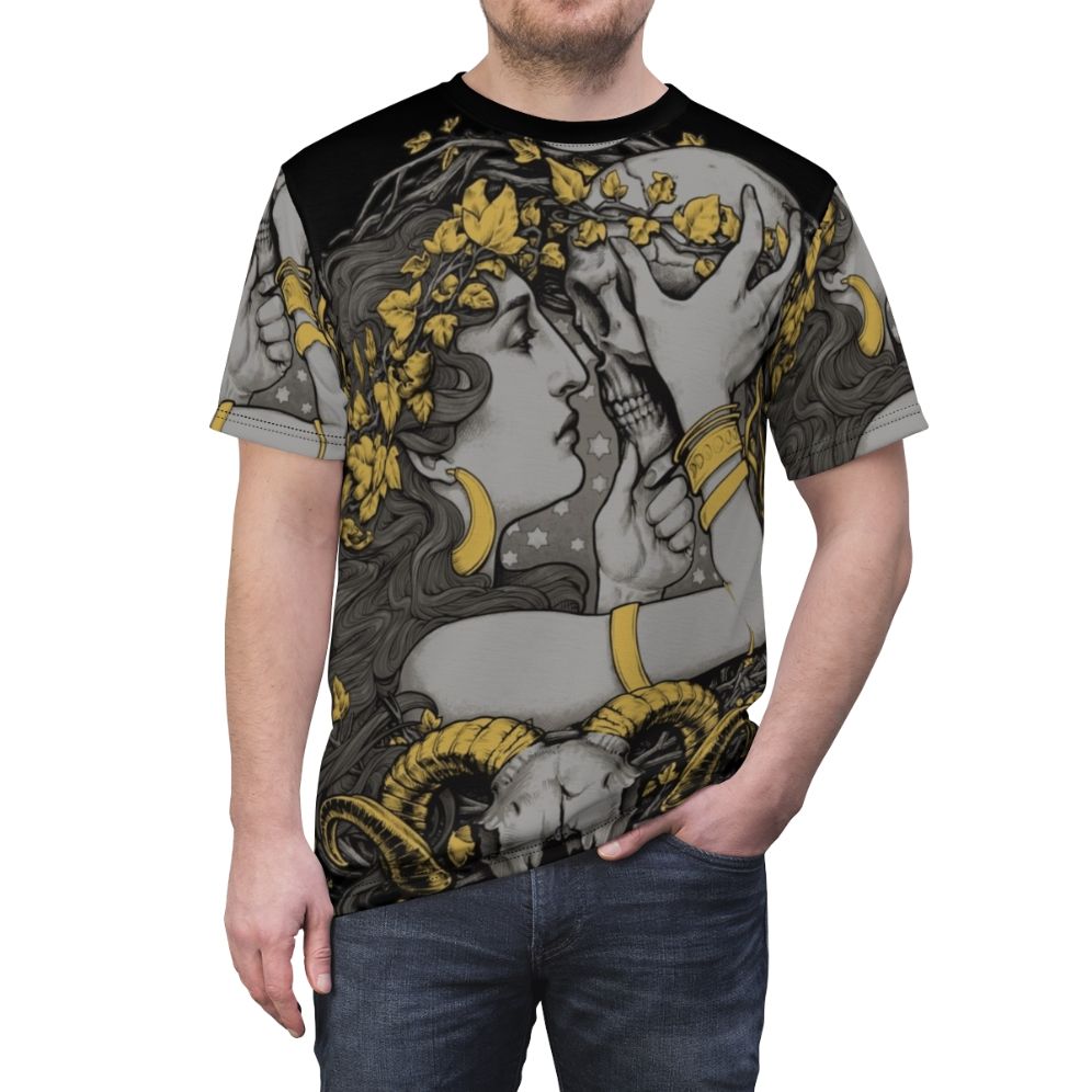 Witch-themed t-shirt with gothic, botanical design featuring a ram skull, human skull, and skeleton - men front