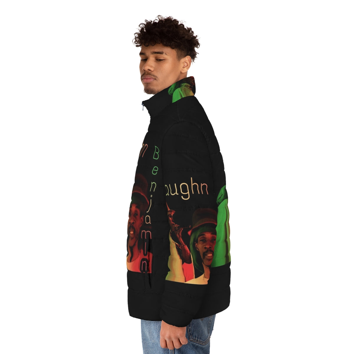 Vaughn Benjamin Midnite Puffer Jacket with reggae and rastafarian design elements - men side left