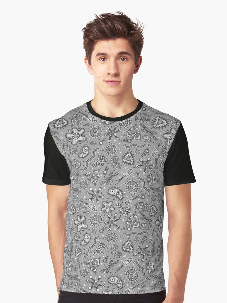 Cartoon illustration of microscopic microbes, germs, and bacteria in gray color on a t-shirt. - Men