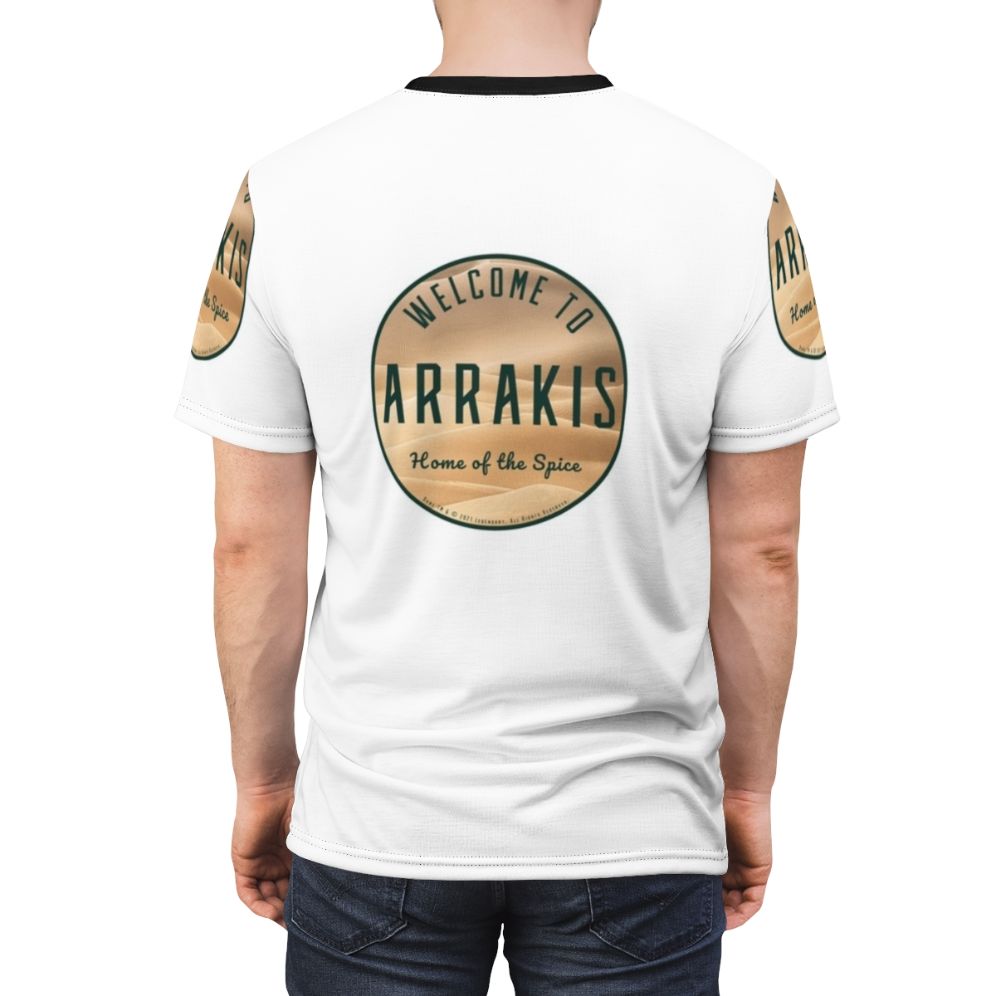 Dune-inspired round dark image t-shirt featuring the iconic Arrakis landscape and elements from the sci-fi universe - men back