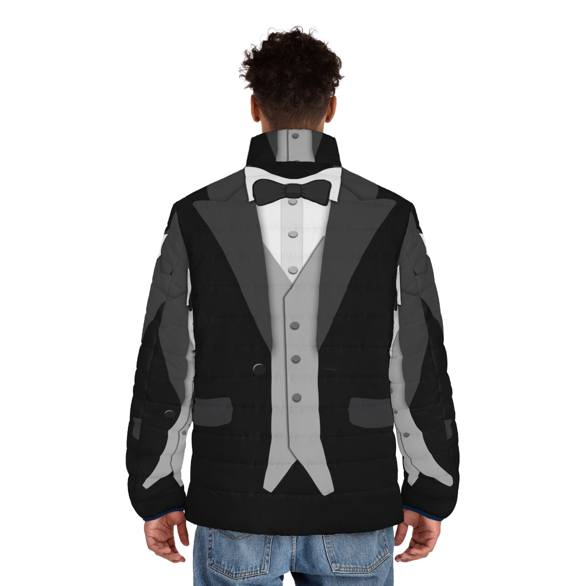 Black tuxedo puffer jacket with bow tie - men back