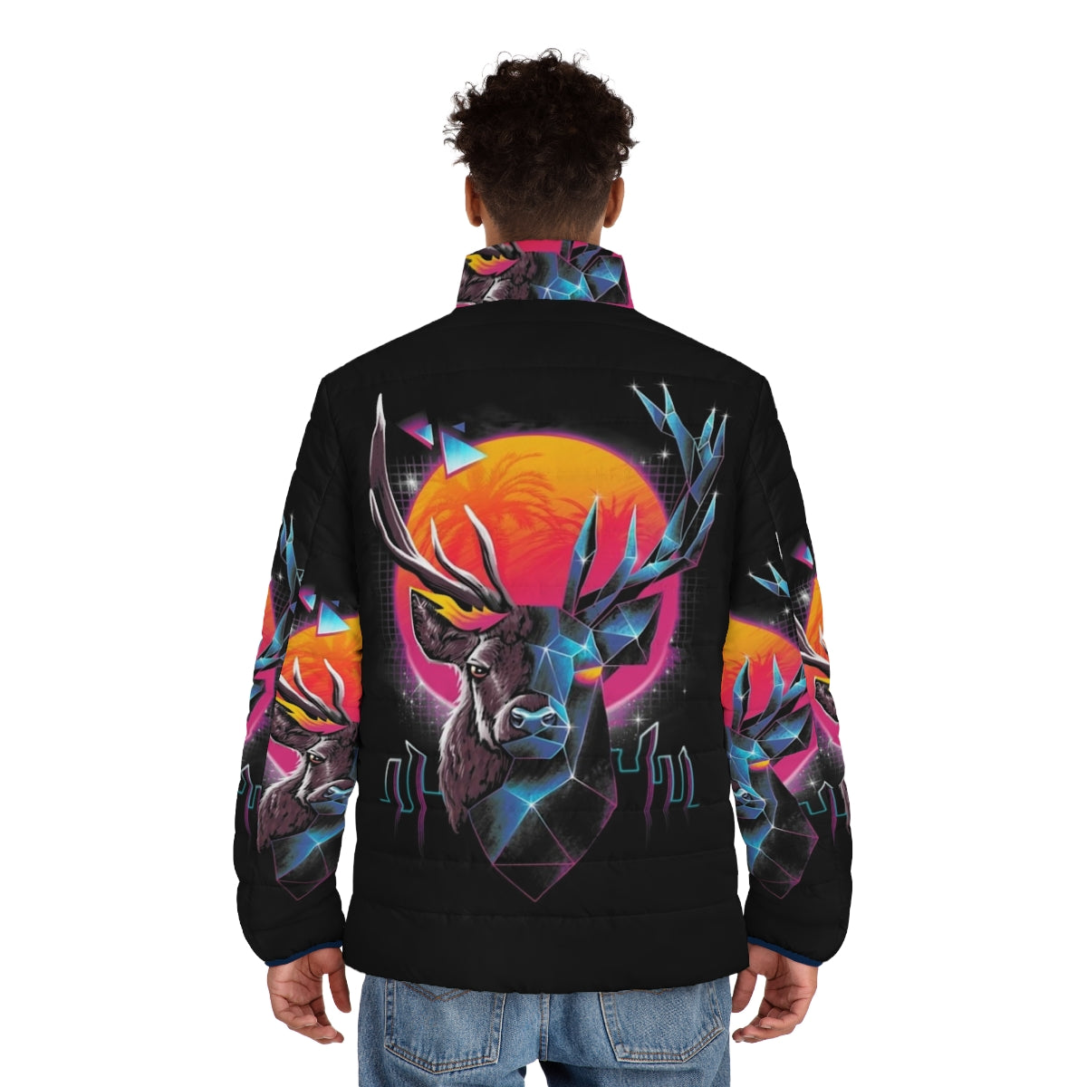 Rad Stag Puffer Jacket with cyberpunk animal print design - men back