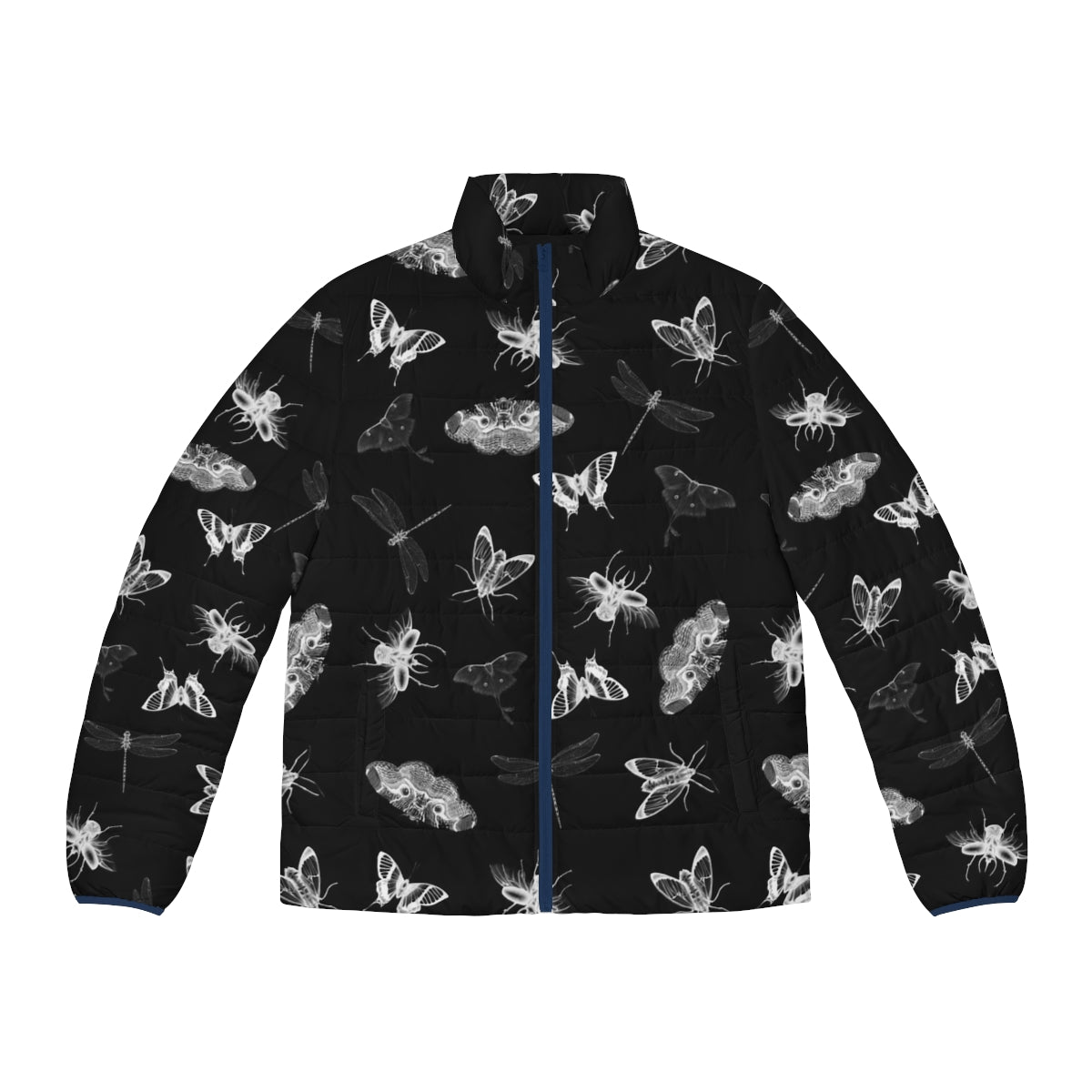 Puffer jacket with a nightmare-inducing bug pattern design