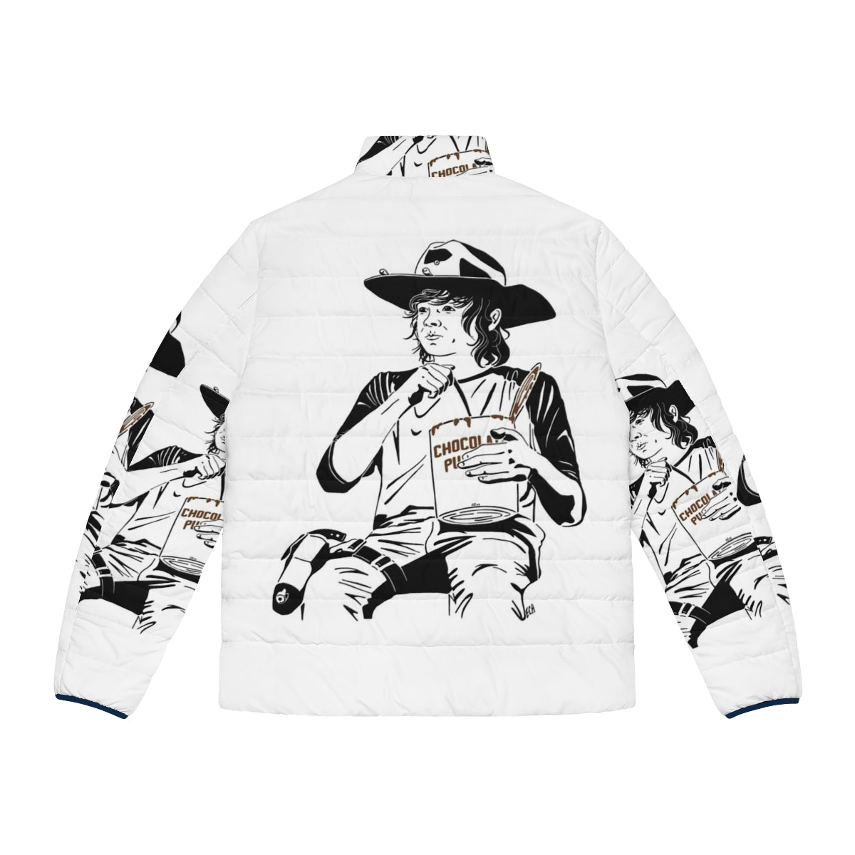 Pudding Carl Fanart Puffer Jacket, featuring a line art design of The Walking Dead character Carl Grimes - Back