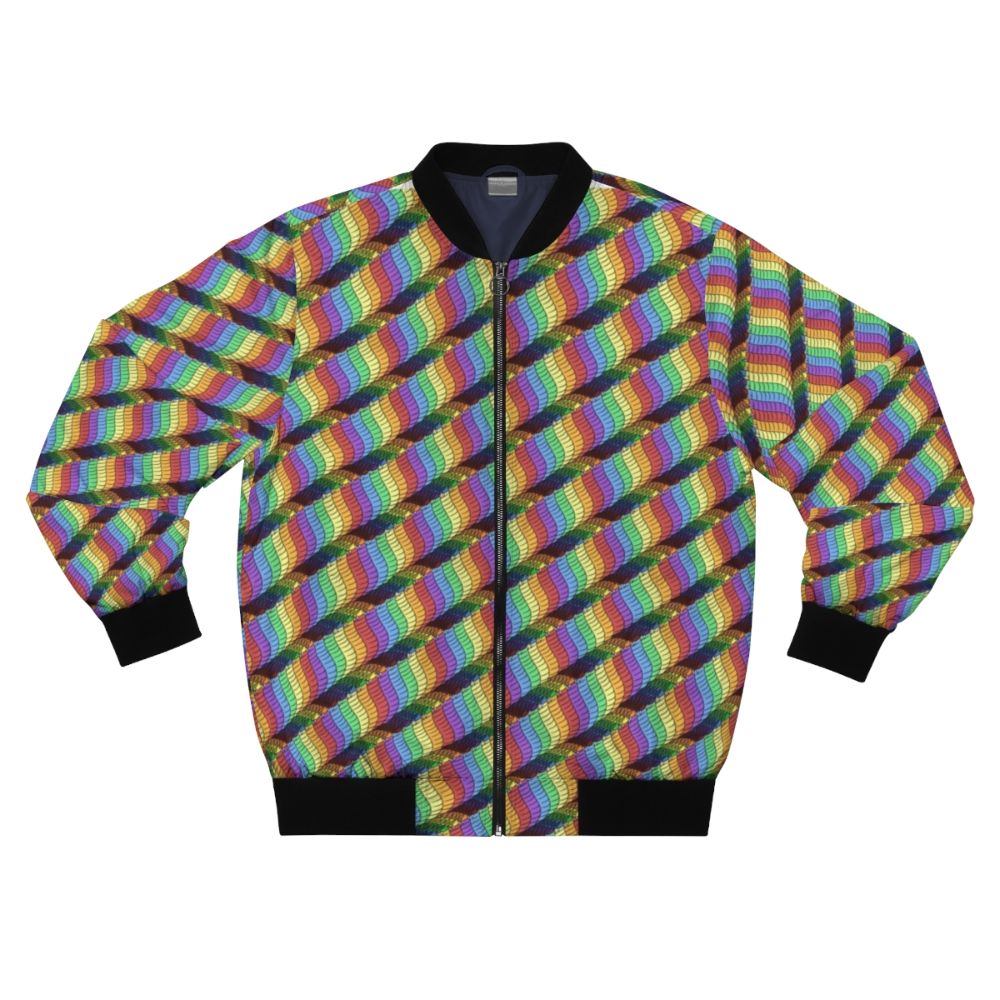 Colorful bomber jacket featuring a parade of fantasy snakes in a rainbow spectrum