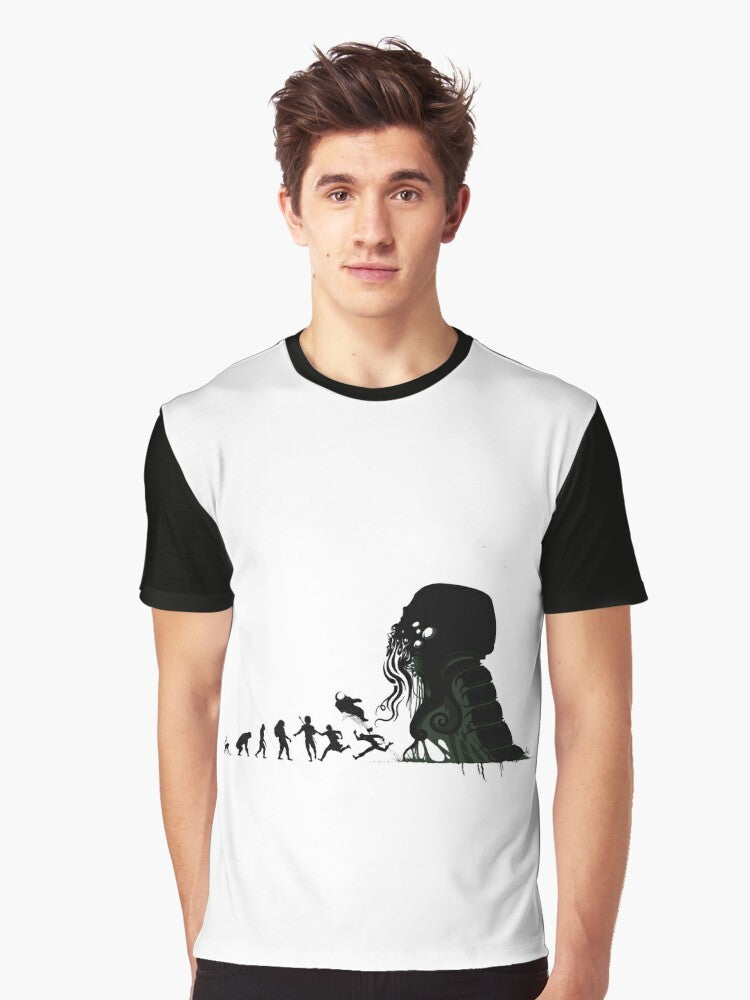 Lovecraftian evolution graphic t-shirt featuring a silhouette design of human figures transitioning into apes and elder entities, representing the cosmic horror themes of H.P. Lovecraft's works. - Men