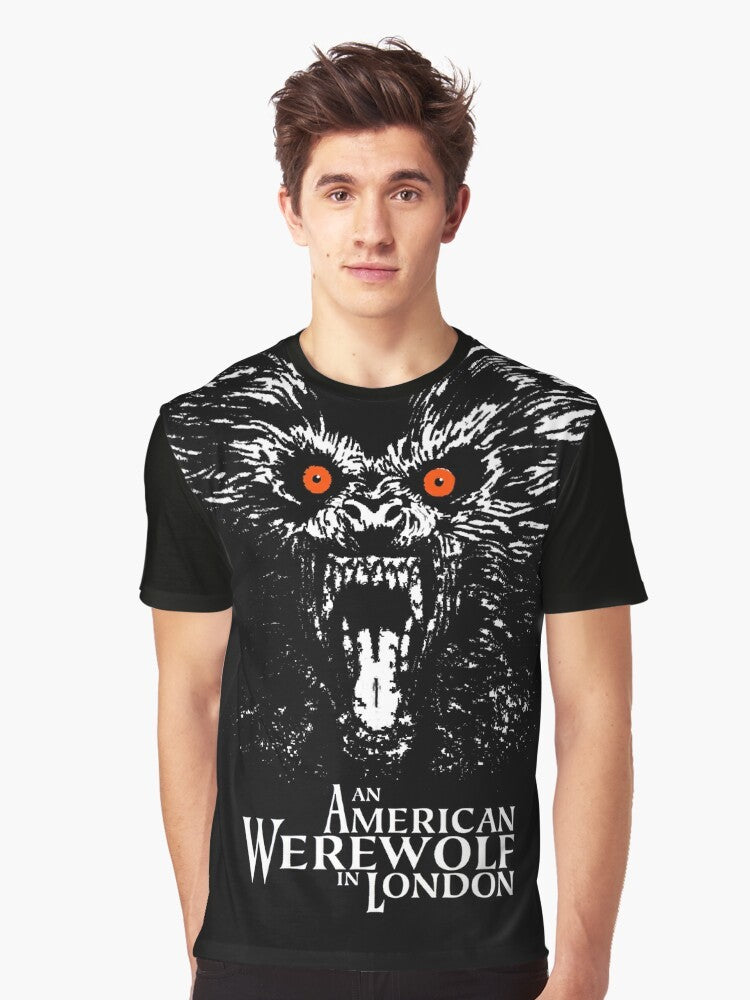 American Werewolf in London horror movie graphic t-shirt with a wolf, full moon, and other spooky elements - Men