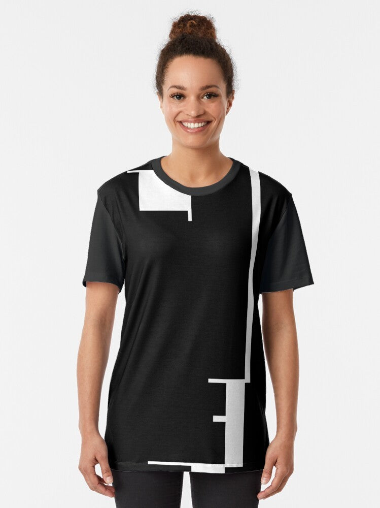 Graphic t-shirt featuring a modernist Bauhaus design with a black and white profile of a man's face, representing the Bauhaus movement's focus on gestalt and constructivism. - Women