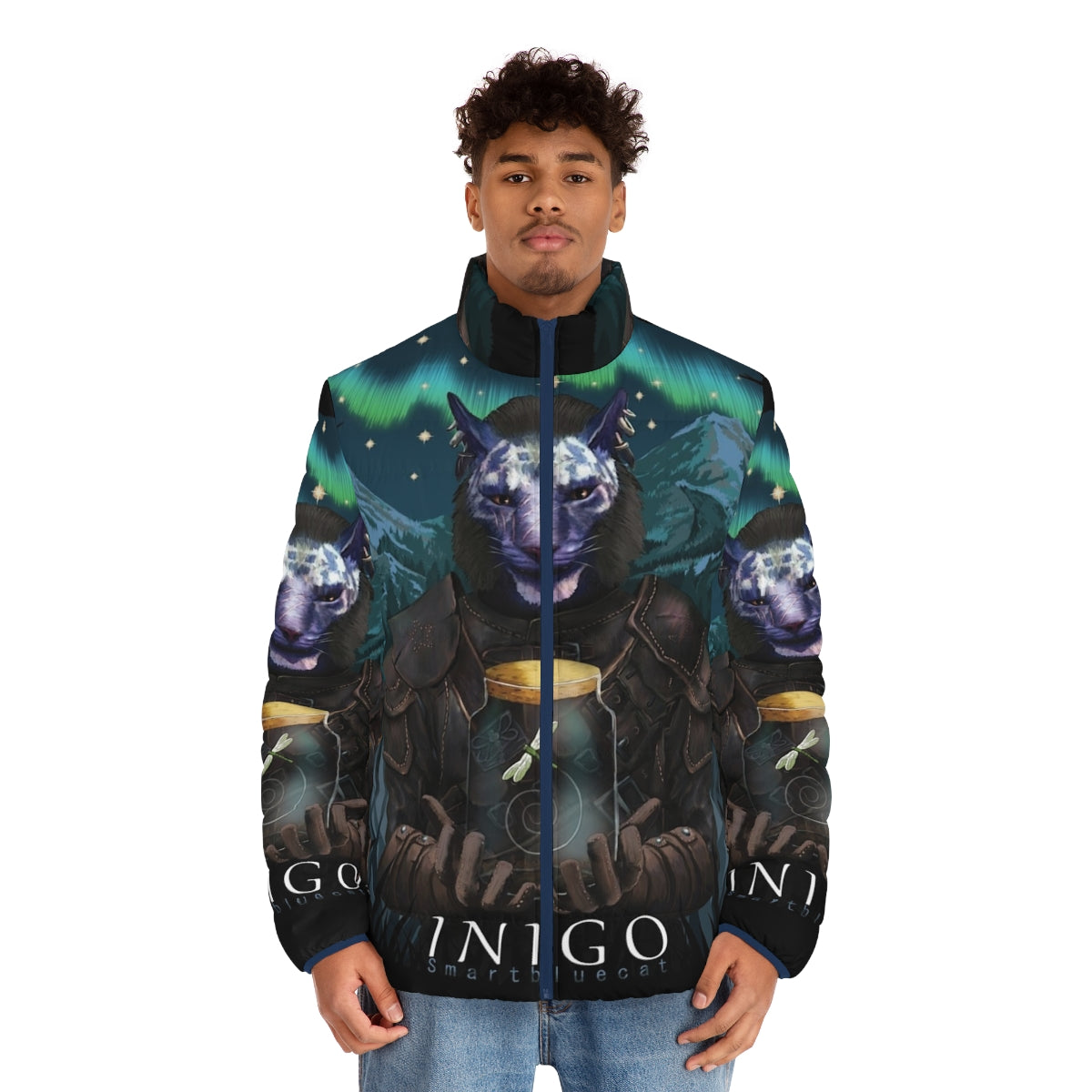 Inigo Caged Puffer Jacket featuring the iconic Smart Blue Cat character from Skyrim - men front