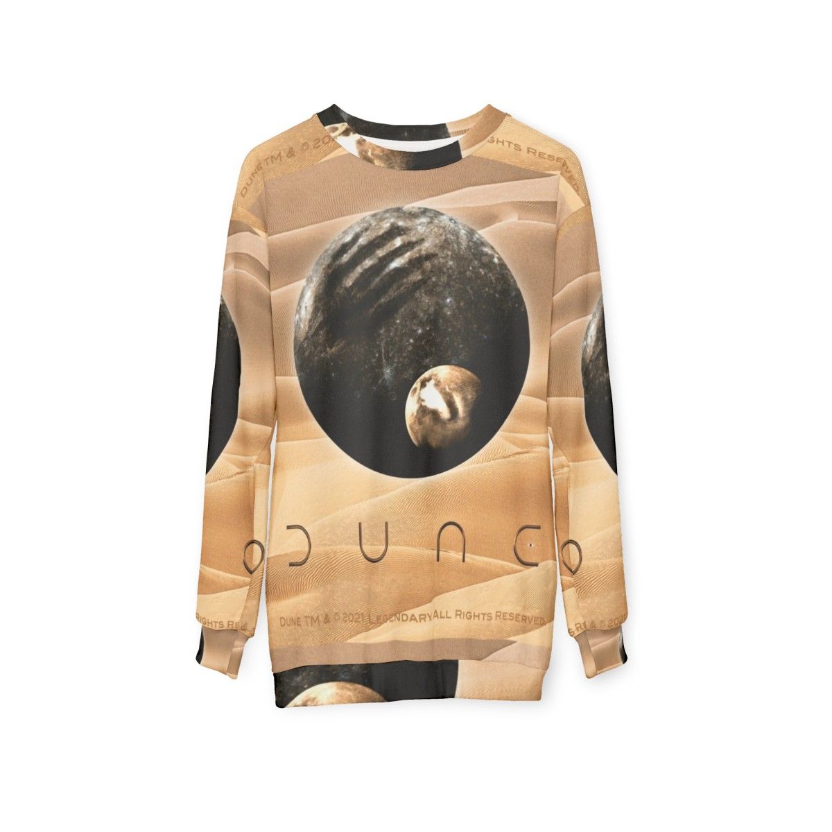 Dune-inspired cinematic sweatshirt featuring planet and moon designs - hanging