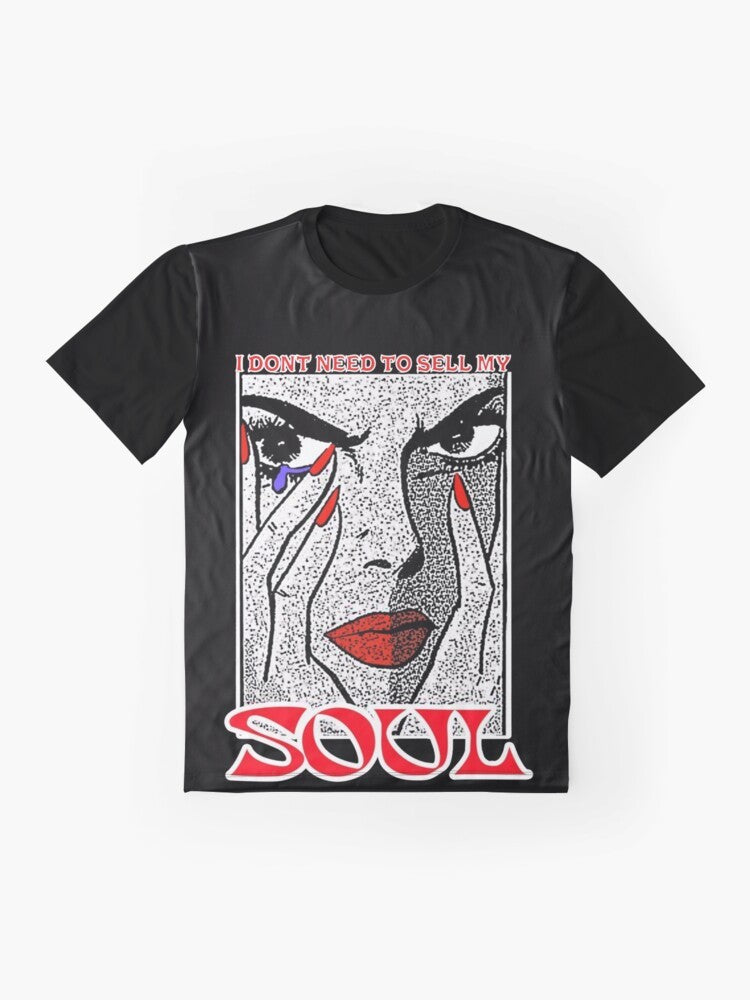 "I Don't Need to Sell My Soul" graphic t-shirt featuring a woman with red lips and a tear drop - Flat lay