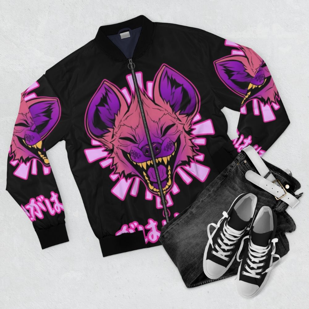 Hyena-themed bomber jacket with kawaii and vaporwave design - Flat lay