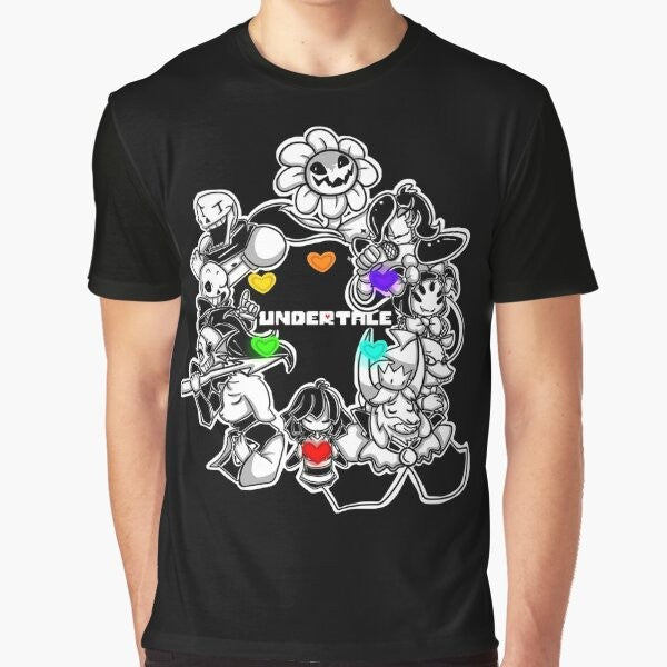 Minimalist Undertale video game t-shirt design featuring the characters Frisk, Sans, Papyrus, Flowey, and Toriel