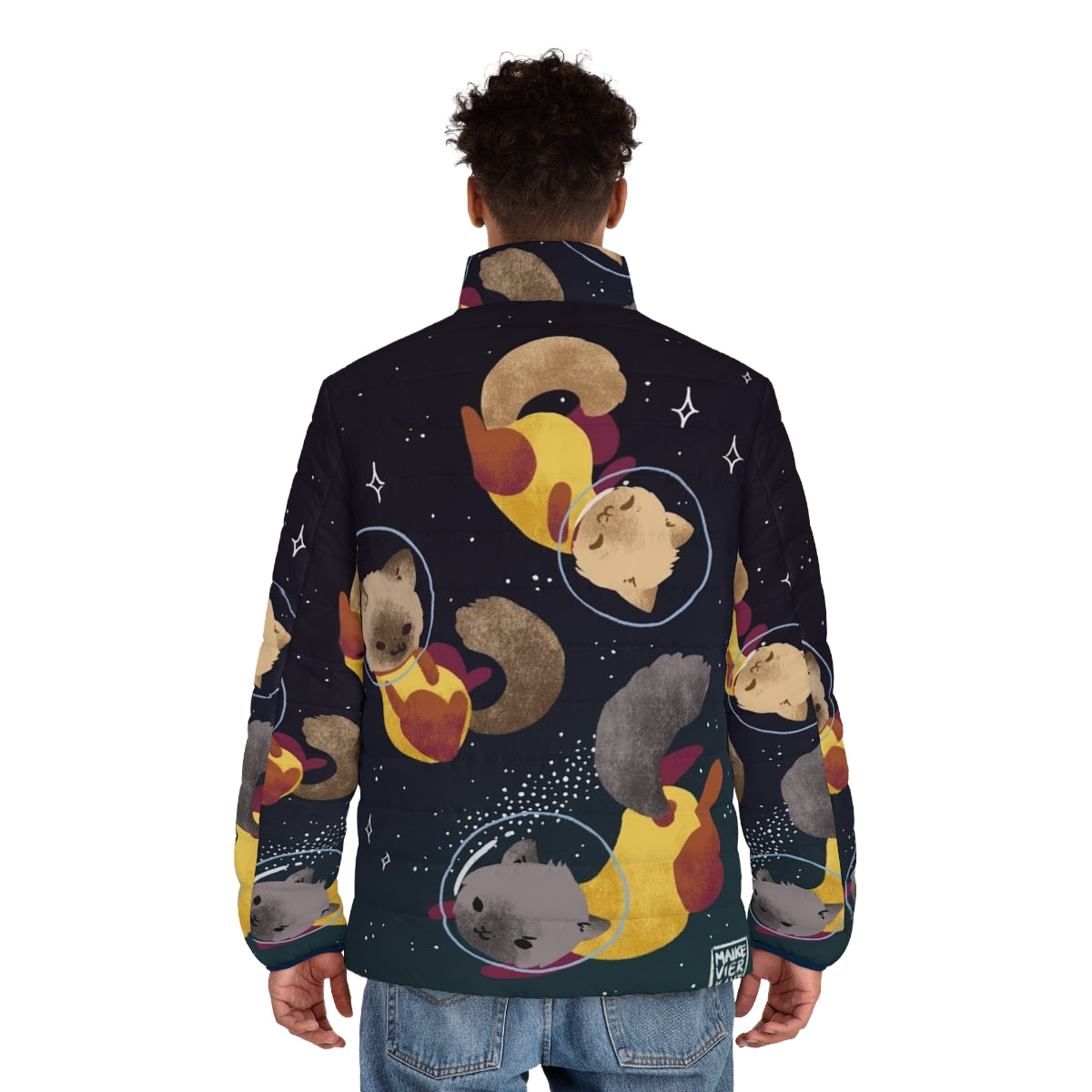 Space Cats Puffer Jacket featuring a digital illustration of adorable cats in a cosmic setting - men back