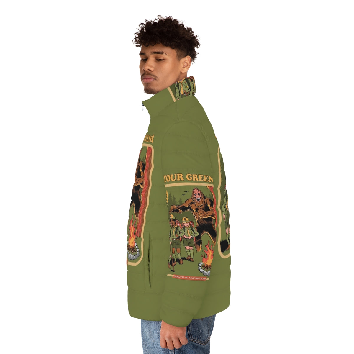 Eat Your Greens 2 - Vintage-style puffer jacket with big foot monster graphic - men side left