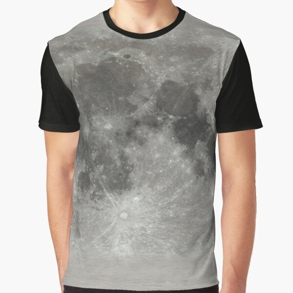 Graphic t-shirt design featuring a textured lunar surface with craters and the phrase "Da Moon"