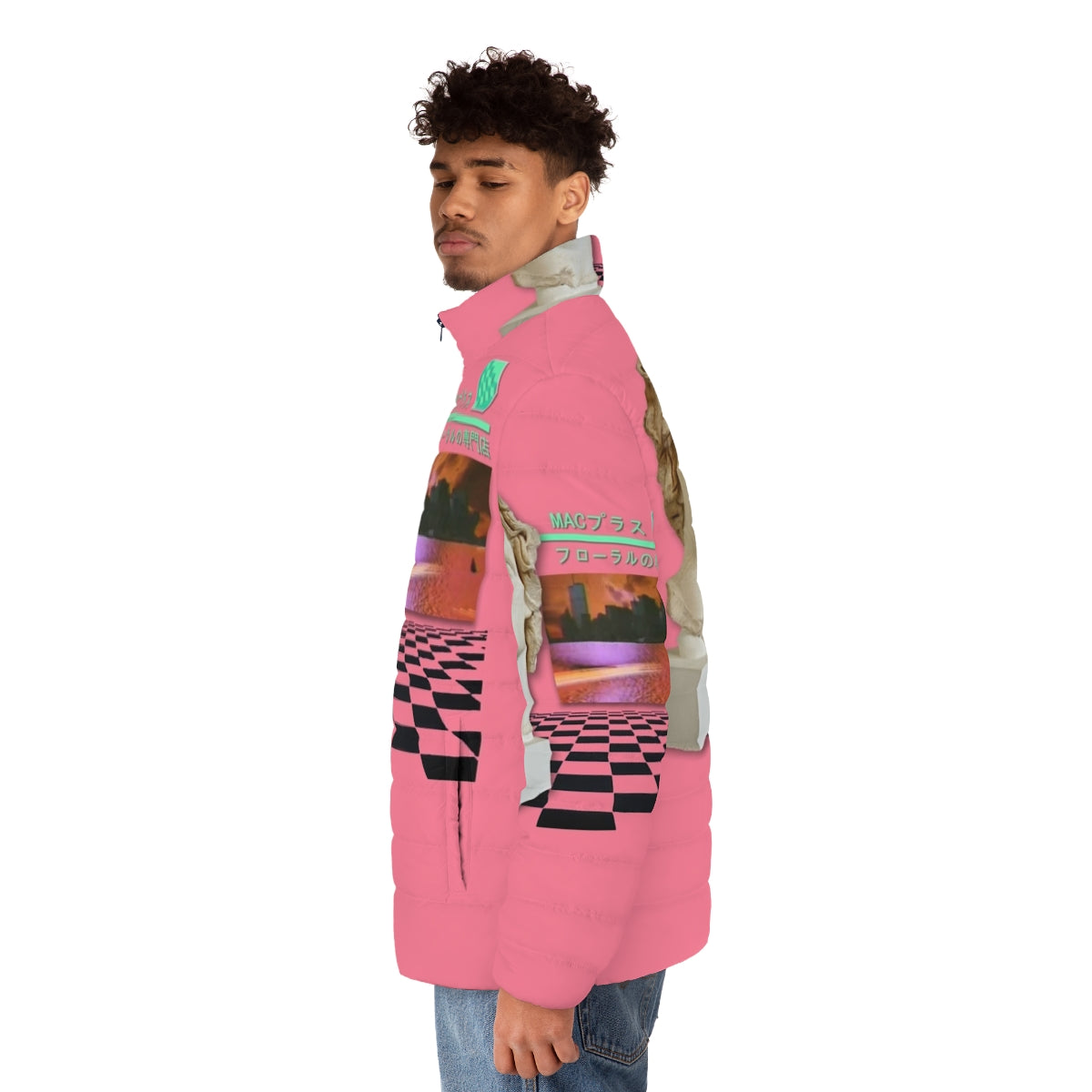 Macintosh Plus Floral Shoppe vaporwave-inspired puffer jacket - men side left