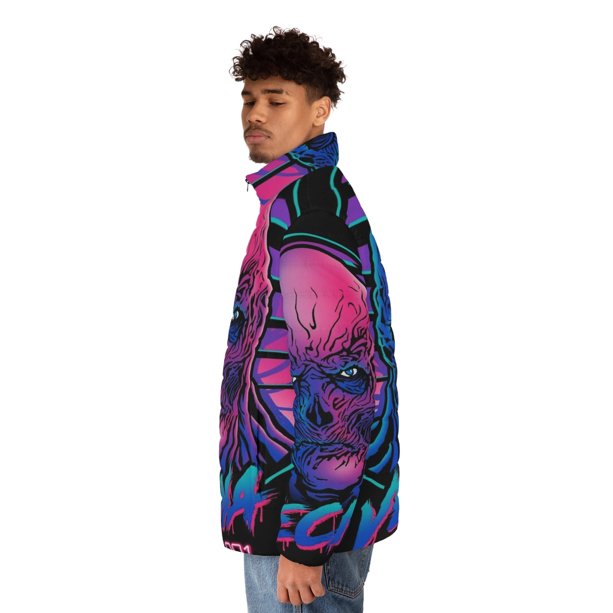 Retro Vecna Puffer Jacket with 80s-inspired design featuring Stranger Things-inspired elements - men side left