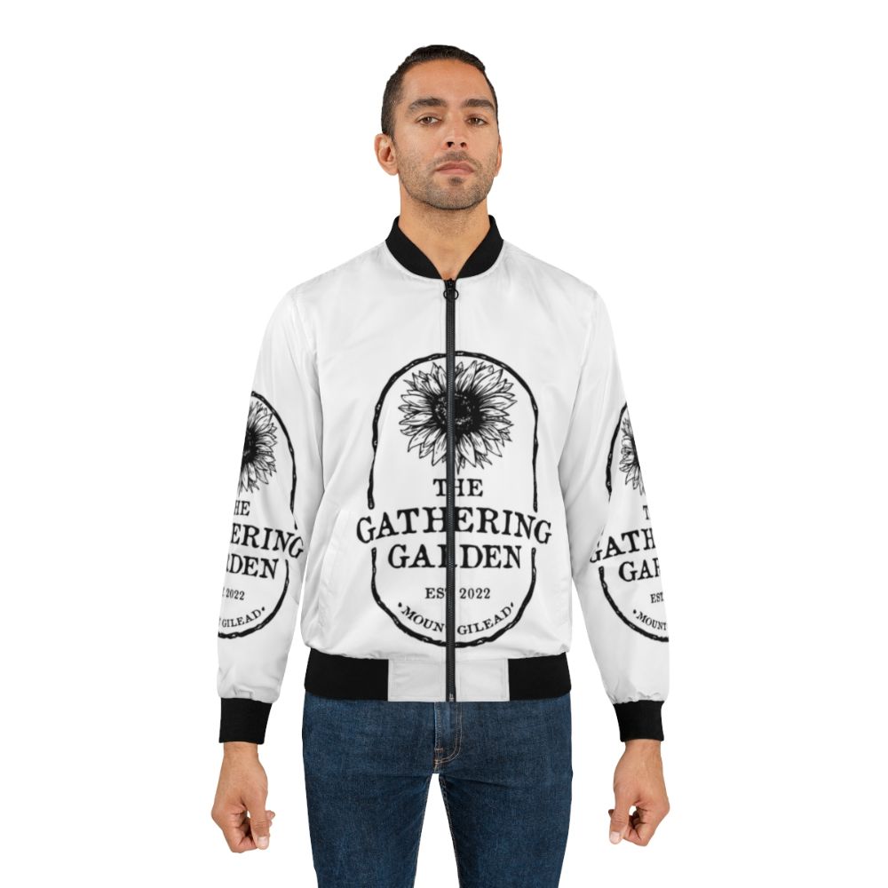 Gathering Garden Bomber Jacket featuring the Mount Gilead, North Carolina community garden - Lifestyle