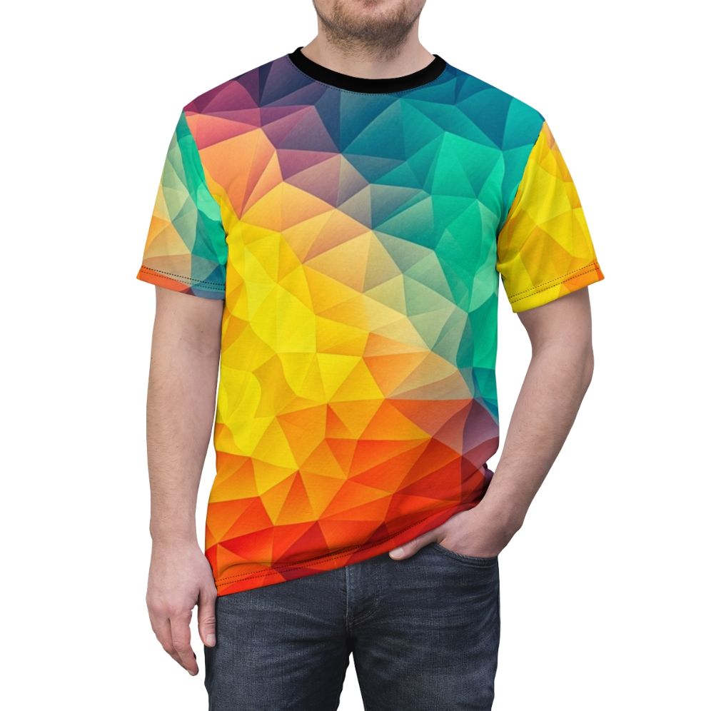 Vibrant abstract geometric t-shirt with a colorful minimalist polygon pattern design - men front