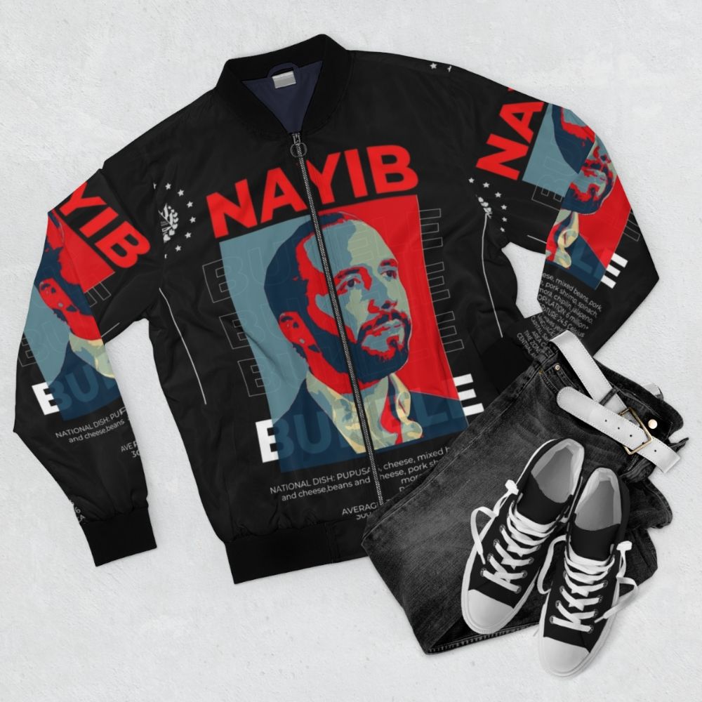 El Salvador Volcano Bomber Jacket featuring Nayib Bukele - Flat lay