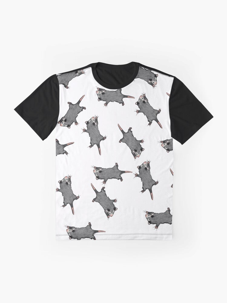 Graphic design of an opossum or possum climbing on a t-shirt - Flat lay