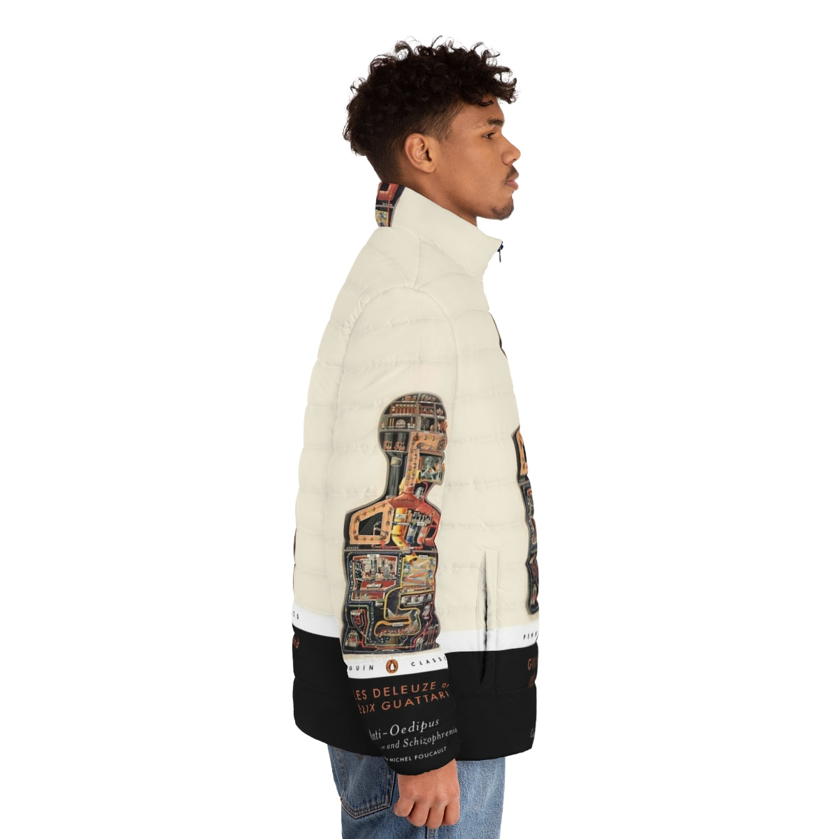 Anti-Oedipus Puffer Jacket featuring the iconic book cover design - men side right