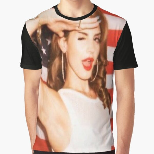 Lana Del Rey flag graphic t-shirt with American flag design