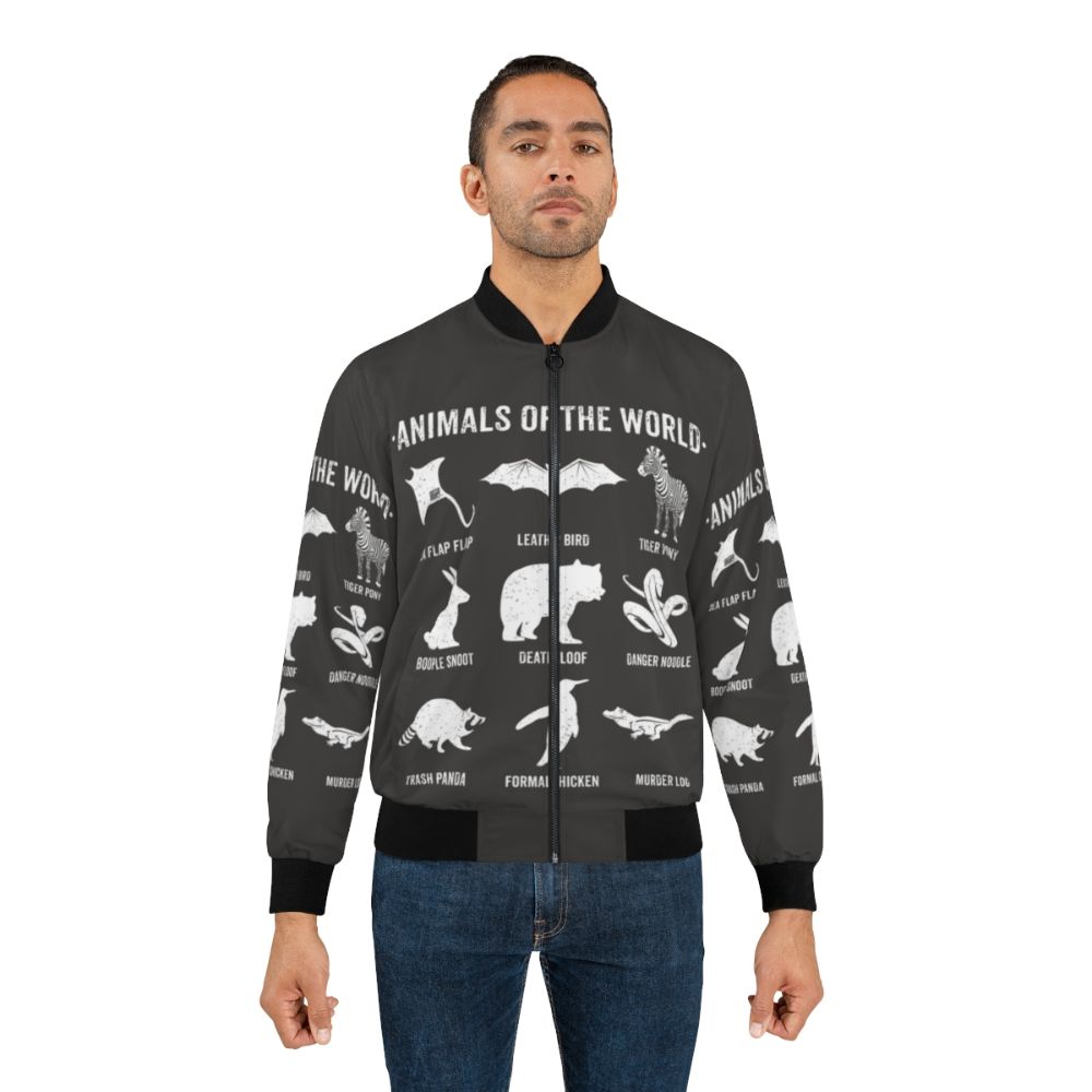 Vintage bomber jacket featuring designs of funny and rare animals from around the world, including bats, bears, crocodiles, and more. - Lifestyle