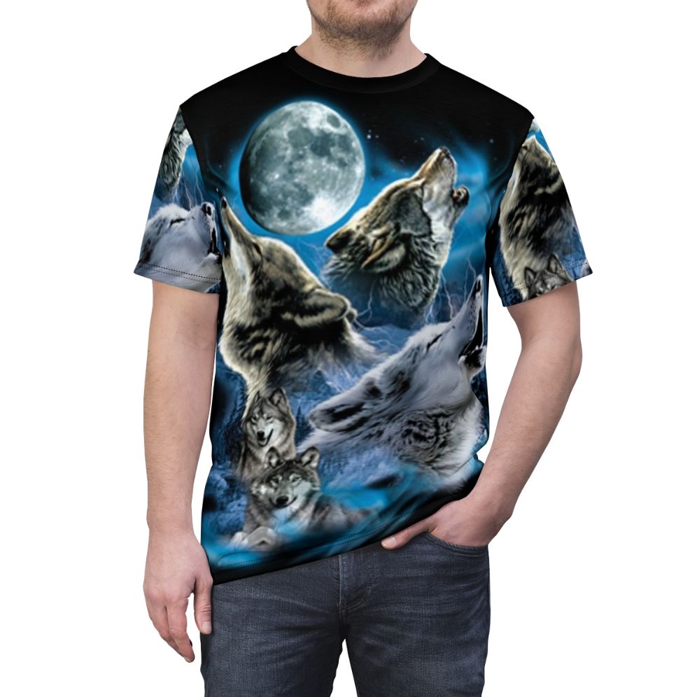 A bold t-shirt design featuring a pack of howling wolves under a full moon, capturing the wild spirit of nature. - men front