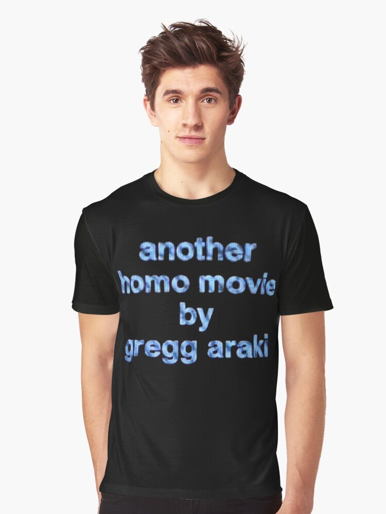 "Graphic t-shirt featuring the text 'another homo movie by gregg araki'" - Men