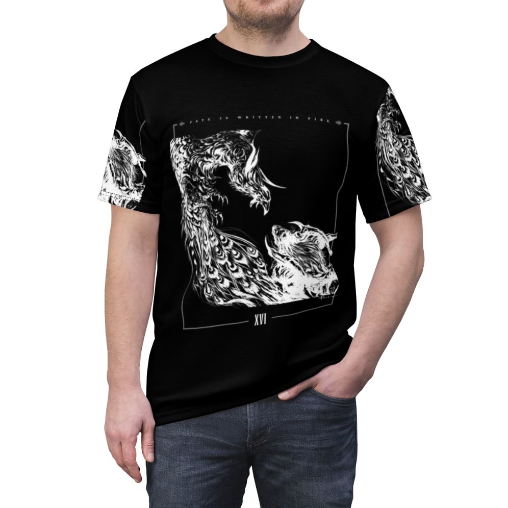 Monochrome graphic tee inspired by Final Fantasy XVI with characters Clive Rosfield, Ifrit, and Phoenix - men front