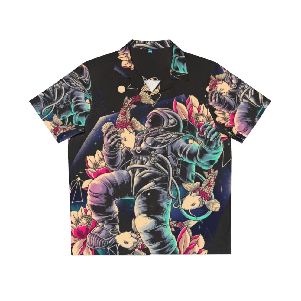 Deep space-themed Hawaiian shirt with astronaut, stars, and cosmic patterns