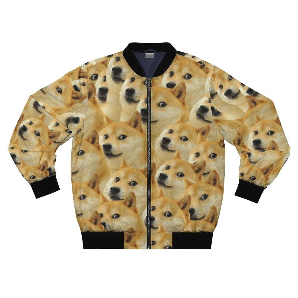 Doge meme-inspired bomber jacket with shiba inu pattern