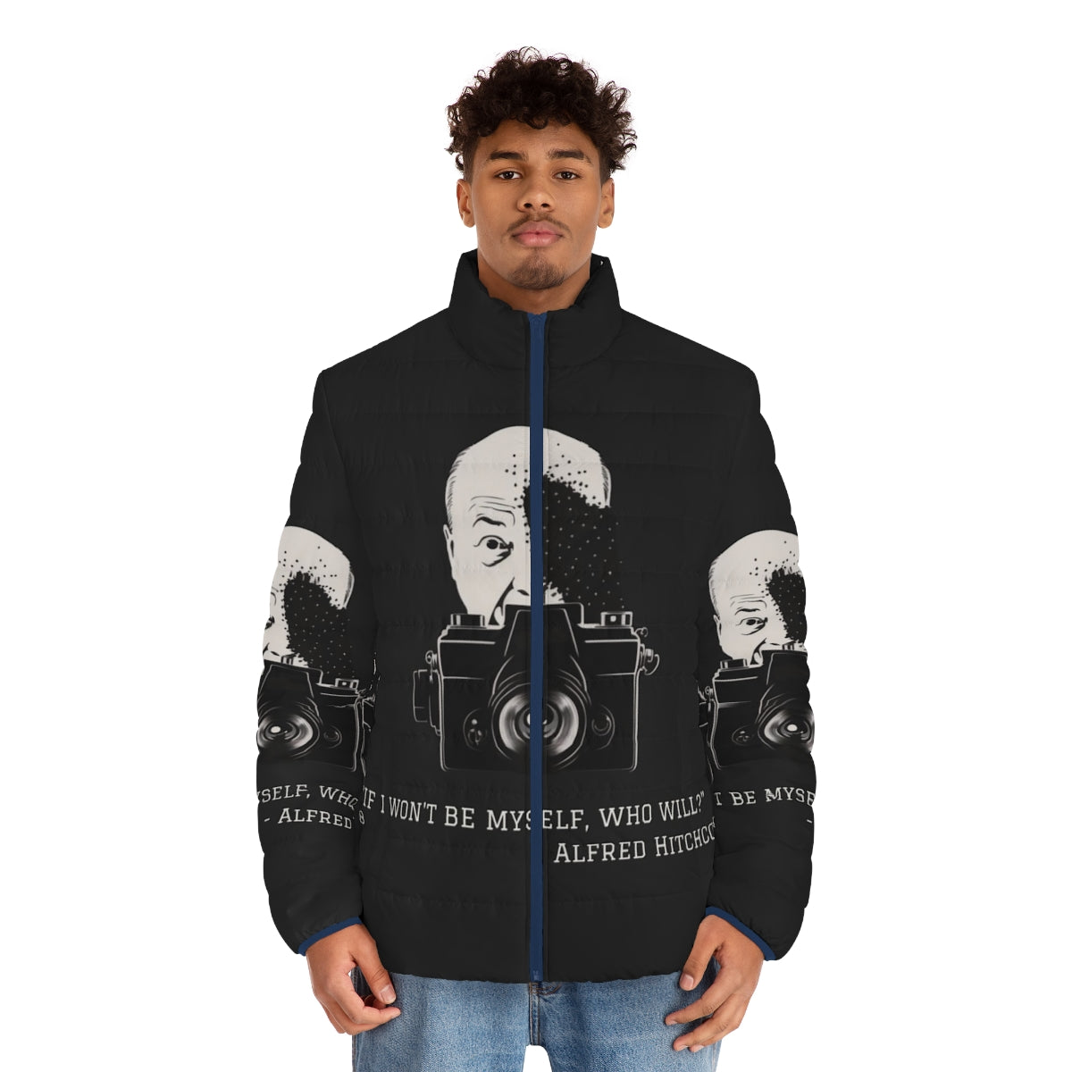 Alfred Hitchcock quote puffer jacket for fans of the iconic director - men front