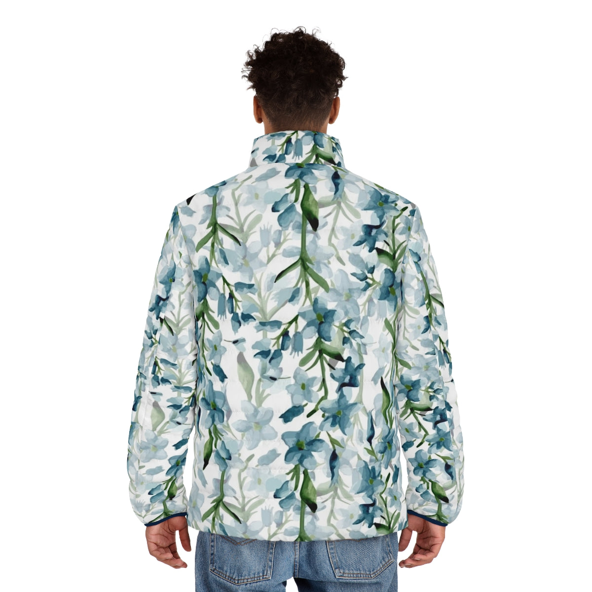 Blue watercolor floral puffer jacket - men back