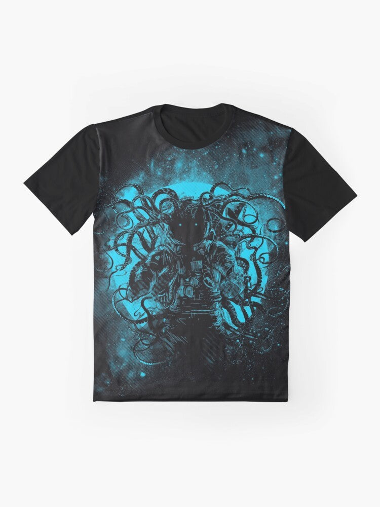 Cthulhu, the terrifying cosmic horror from the works of H.P. Lovecraft, depicted on a space-themed graphic t-shirt. - Flat lay