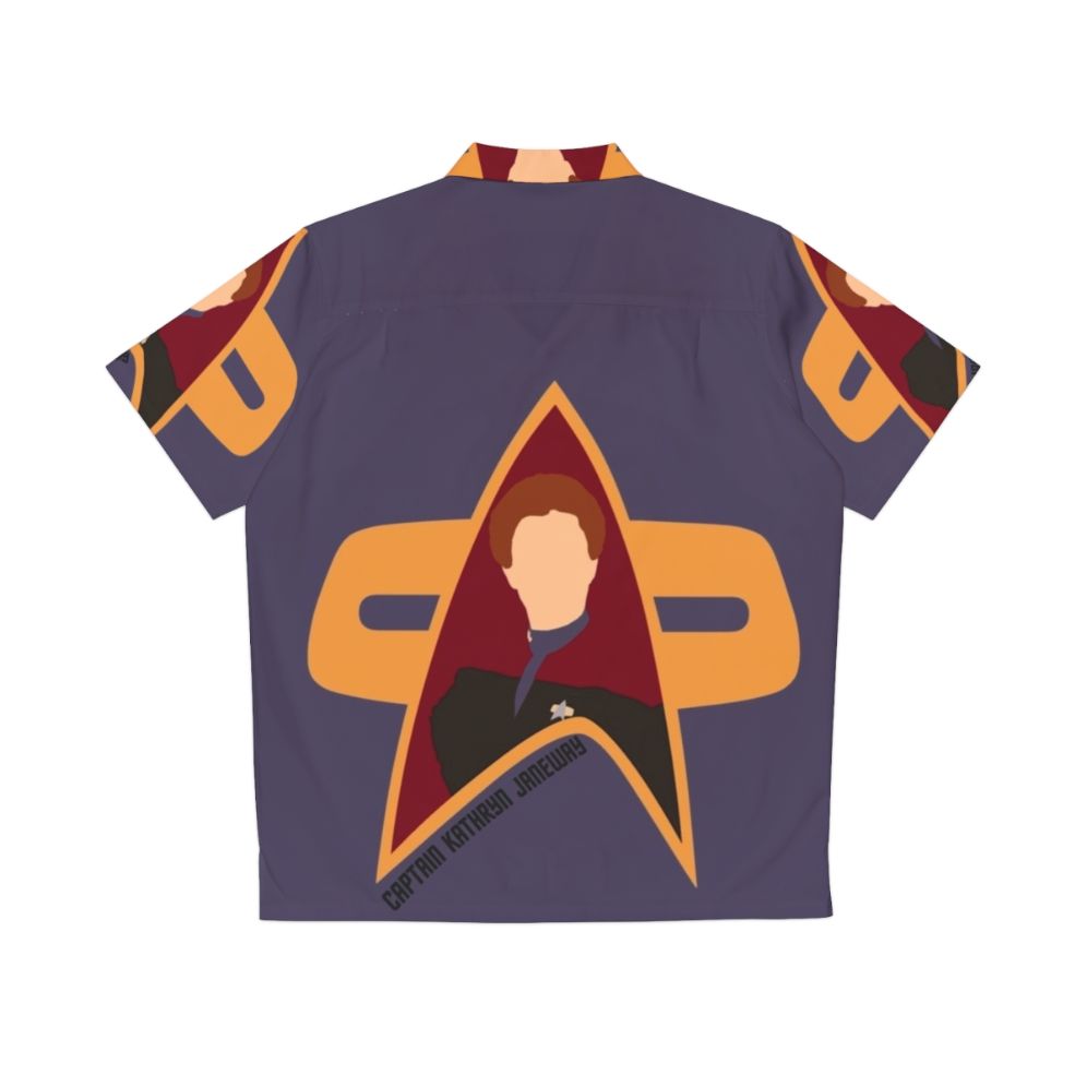 Captain Janeway wearing a Star Trek Voyager Hawaiian shirt - Back