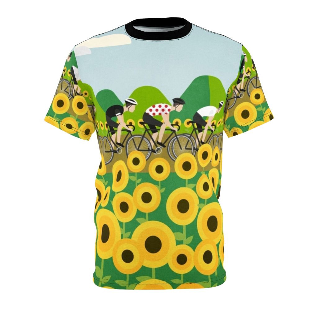 Colorful cycling t-shirt design featuring a road bike, sunflowers, and red polka dots, inspired by the iconic Le Tour de France race.