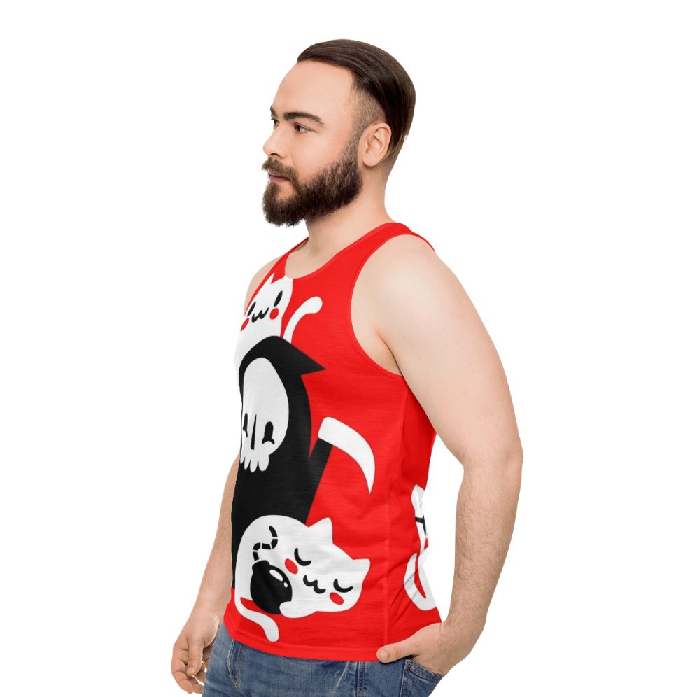 Unisex tank top with a graphic design featuring cats, skulls, and the Grim Reaper - men side