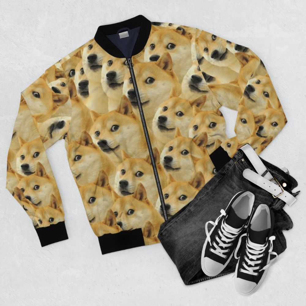 Doge meme-inspired bomber jacket with shiba inu pattern - Flat lay