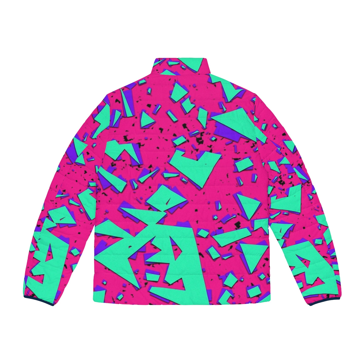 Teal and pink 90s inspired abstract geometric pattern puffer jacket - Back